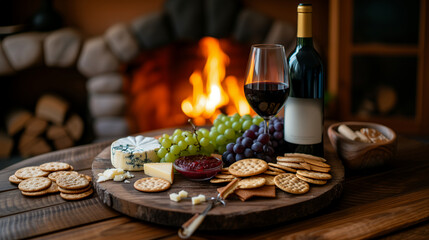 Naklejka na ściany i meble cozy fireplace with cheese, crackers, wine and grapes