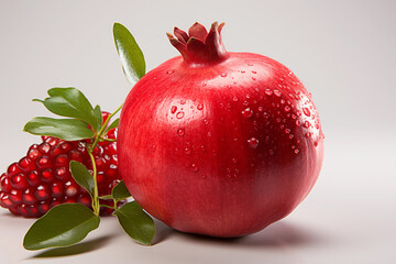 realistic pomegranate paintings. Fresh pomegranates with raindrops on the leaves. Red pomegranate set on a red background. Whole pomegranate and split pomegranate seeds.