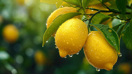 fresh lemons with water drops on branch