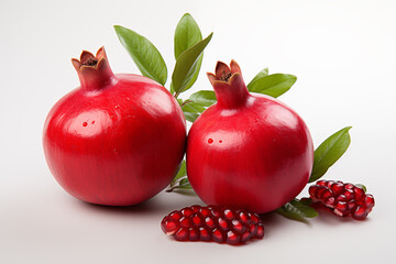 Realistic pomegranate photos. Fresh pomegranates with realistic lighting. Red pomegranates on a red and black background. Whole pomegranate and split pomegranate seeds. 3D pomegranate rendering.