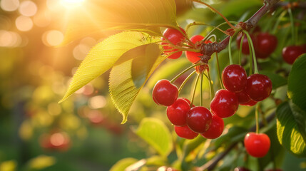 a branch of cherries glows in the sunlight