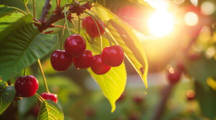 a branch of cherries glows in the sunlight