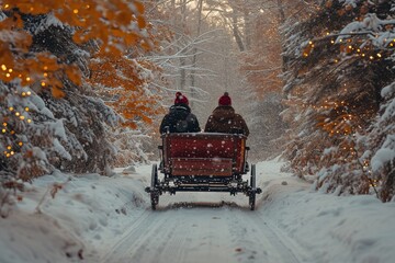 A couple enjoying a sleigh ride in a snowy forest