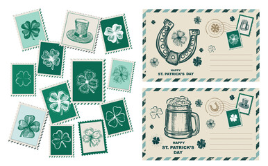 St. Patrick's Day set, Stamps, mail, postcard, Hand drawn illustrations	
