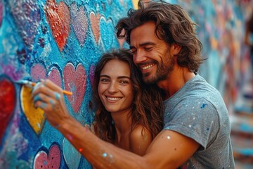 A couple painting a mural together with love-themed imagery