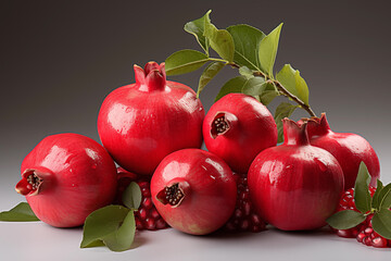 Realistic pomegranate photos. Fresh pomegranates with realistic lighting. Red pomegranates on a red and black background. Whole pomegranate and split pomegranate seeds. 3D pomegranate rendering.