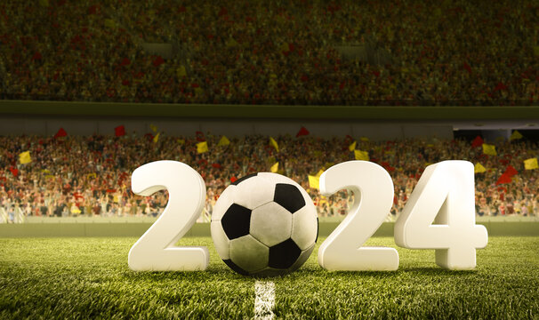 2024 numerals with soccer ball on green grass of sport field with fans sitting on tribune. 3D render of stadium. Sport, championship, game, competition, tournament concept. Poster for football event