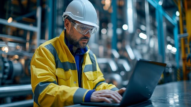 sefty engineer manager wearing full PPE meeting with engineering team with labtop at new factory ,generative ai