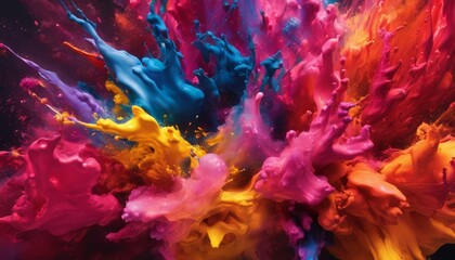 Colorful splash of paint in a pink, yellow, blue and orange background