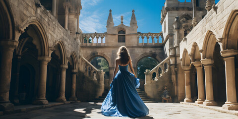 Bride Standing in a Medieval Castle Courtyard