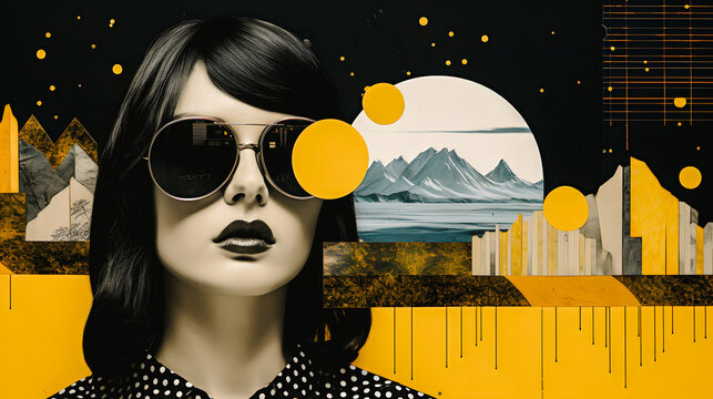 Collage avec femme, formes et paysage