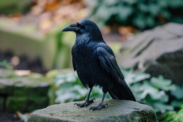 Obraz premium Black crow posing in a window. Behind it a rock landscape and the symbol of the air element