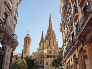 The Cathedral of the Holy Cross and Saint Eulalia (Catedral de la Santa Creu i Santa Eulàlia in Catalan), also known as Barcelona Cathedral. Gothic Quarter, Barcelona, Catalonia, Spain, Europe - Powered by Adobe
