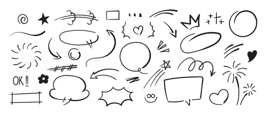 Set of cute pen line doodle element vector. Hand drawn doodle style collection of heart, arrows, scribble, speech bubble, chat, firework, flower. Design for print, cartoon, card, decoration, etc.