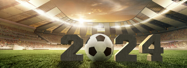 Wide-angle shot of 3D soccer stadium with concrete numbers 2024 and soccer ball. Upcoming football match. Concept of sport, championship, game, competition, tournament. Poster for football events - obrazy, fototapety, plakaty