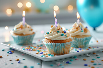 3 Birthday cupcake on a light background. Tempting dessert for celebrations. Perfect image to showcase sweet treats and create an appetizing visual for birthday-related content.