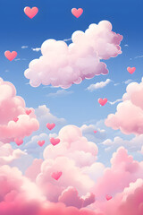 Pink hearts on cloudy sky. Love, Valentine day, wedding concept. Abstract romantic background for design greeting card, print, poster - obrazy, fototapety, plakaty