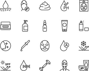 Vector set of skin care line icons. Contains icons cosmetic mask, collagen, ph balance, moisturizer, serum, retinol, spf, facial roller and more. Pixel perfect.
