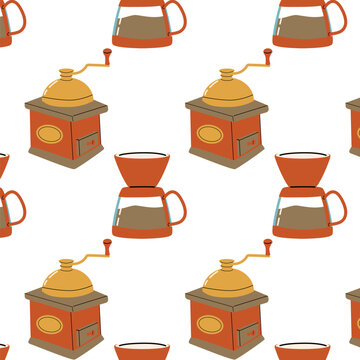 seamless pattern with coffee grinder and coffee maker. Vector illustration isolated. 