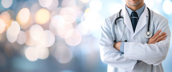Hospital doctor with stethoscope. Professional medical practitioner in a healthcare setting. Ideal image for depicting healthcare professionals and the medical environment.