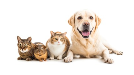 Two cats, labrador retriever and guinea pig isolated on white background. Pets as an advertisement for a veterinary clinic. - obrazy, fototapety, plakaty