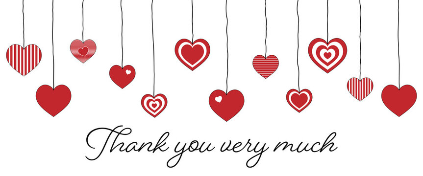 Thank you very much - Schriftzug in englischer Sprache - Vielen Dank. Dankeskarte mit rot-weißen Herzen.