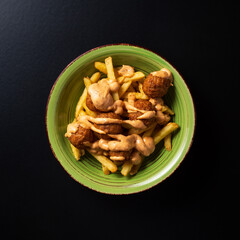 top view plate with meatballs and french fries on black background