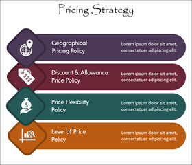 Four aspects of Pricing Strategy - Geographical, Discount and allowance, price flexibility, level of price policy. Infographic template with icons