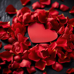 A heart symbol card in rose petals