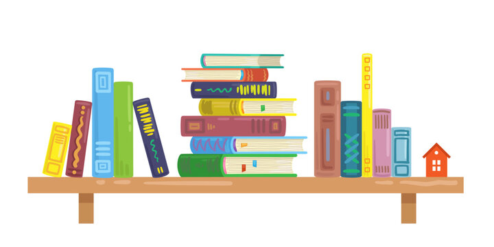 Bookshelf with colorful books. In cartoon style. Isolated on white background. Vector flat illustration