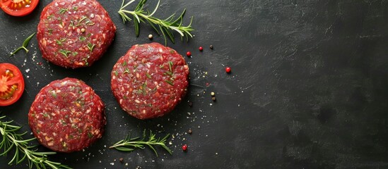 Seasoned raw burger cutlets on a dark tabletop, top view, blank space.