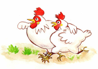 鶏が二羽、二人三脚をして走っている、水彩、手描き、イラスト