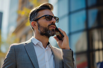 Business professional making a phone call outside office building 