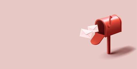 Vintage red mailbox with flying in white closed envelopes, post delivery composition, 3d render cartoon realistic style