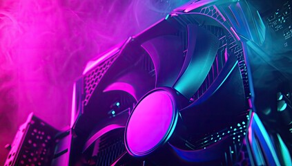 A GPU featuring vibrant, spinning cooling fans enveloped in colorful smoke.