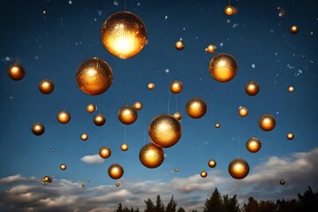 golden balloons hanging on the sky blue sky background 