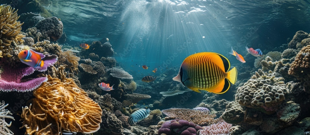 Wall mural underwater marine life, including tropical fish and coral reef, captured through underwater photogra