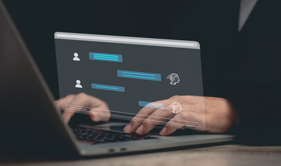 AI technology. Illustrates person using smart robotic AI through command prompts, showcasing futuristic technology transformations. Emphasizes communication interaction with artificial intelligence