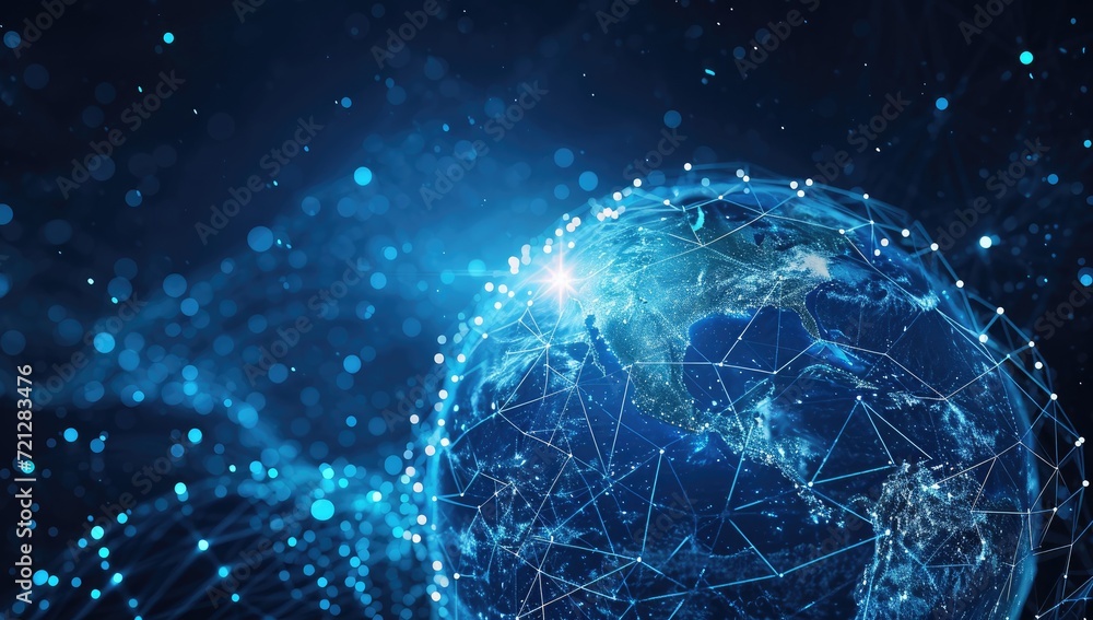 Poster the global exchange of data depicted with earth at the center of a vast network.