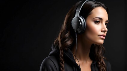 A woman wearing stylish over-ear headphones, lost in music, against a sleek black background, with copy space on the left. generative AI