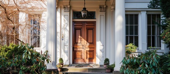 Historic residence featuring a portico and a refined wooden front door.