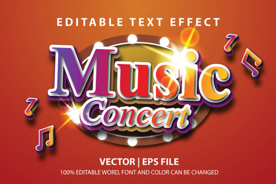 Vector text effect music concert with glow and shiny decoration background good for logo, banner, headline. etc.