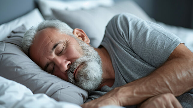 Mature man with pillow sleeping in bed