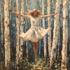 Joyful Impressionist Art. Woman Leaping with Delight in the Forest, Radiating Lightness
