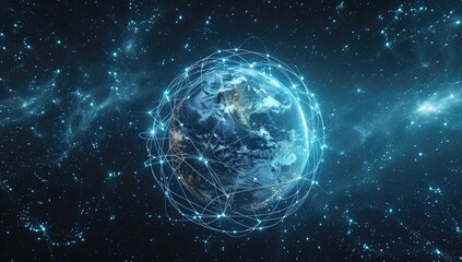 Obraz premium The global exchange of data depicted with Earth at the center of a vast network.