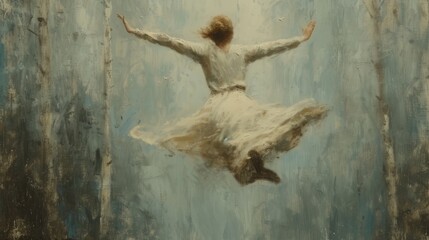 Joyful Impressionist Art. Woman Leaping with Delight in the Forest, Radiating Lightness
