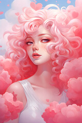 Cute girl cupid, angel or amur with pink hair on cloudy sky with hearts. Romantic character for  Valentine's day 