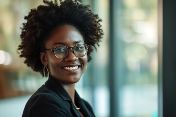 Portrait of pretty black american business woman with afro smiling  - obrazy, fototapety, plakaty