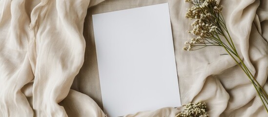 Minimalist business branding template with blank paper sheet on neutral linen blanket. Top view.