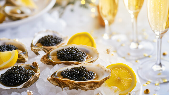 Food photo of expensive premium black caviar laid out on oysters with lemon with lemon on ice in close-up, with glasses of sparkling champagne in the background
